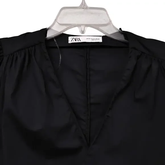 Zara Poplin Mock Wrap Blouse Size XL Black Long Puffy Sleeves Tie at the Waist - Picture 4 of 9